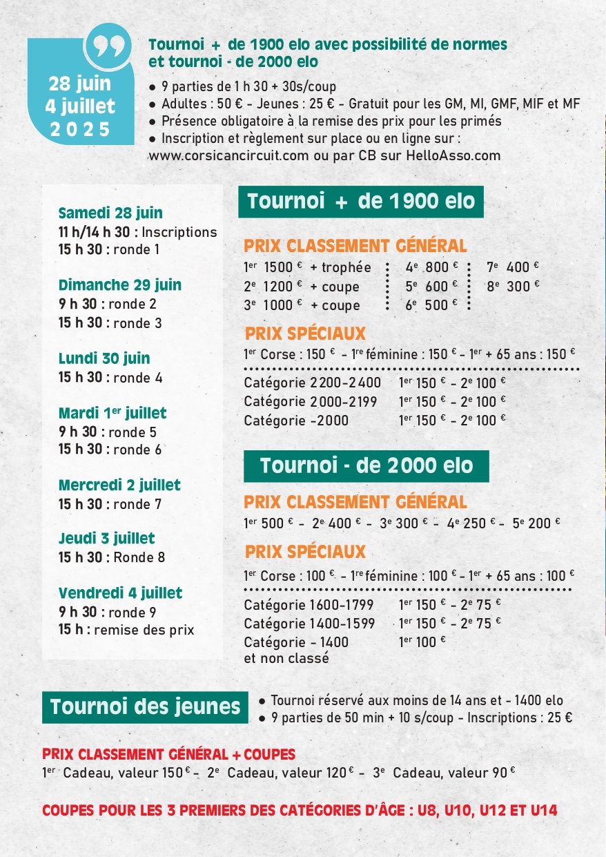 Top départ ce samedi à Purtichju pour l’Open International d’Échecs Marina Viva ! Top départ ce samedi à Purtichju pour l’Open International d’Échecs Marina Viva !
