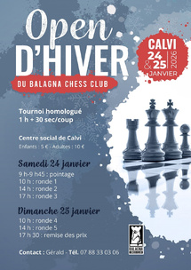 3e open d'hiver du Balagna Chess Club - 24 et 25 janvier 2026 3e open d'hiver du Balagna Chess Club - 24 et 25 janvier 2026