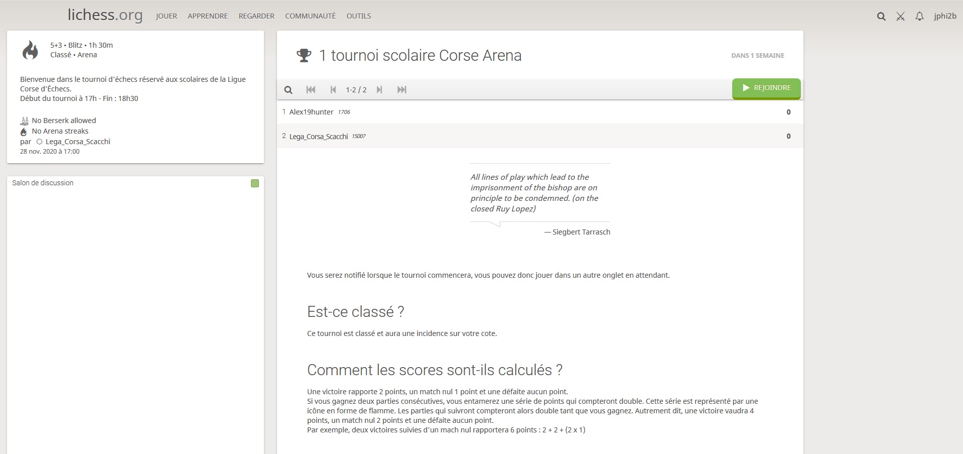 25e tournoi scolaire sur internet de la Ligue Corse des Echecs