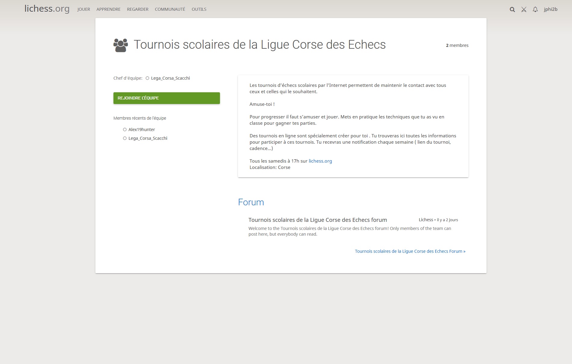 25e tournoi scolaire sur internet de la Ligue Corse des Echecs
