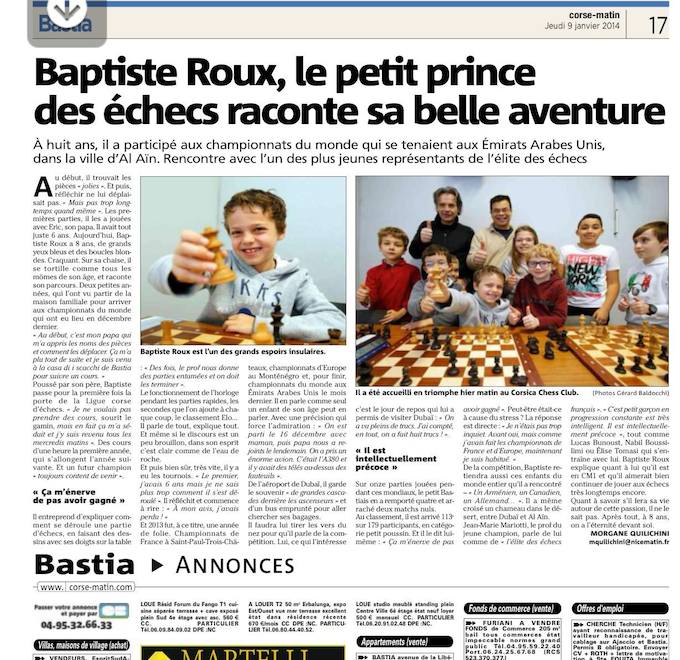 "Le petit prince des Échecs" à la Une du quotidien Corse Matin
