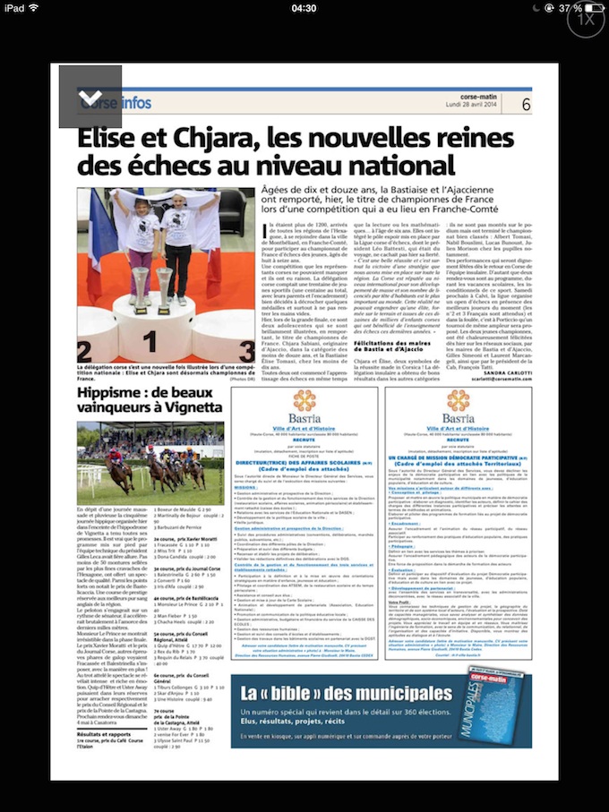 Chjara et Elise, "Les reines des Echecs", à la Une de la presse insulaire