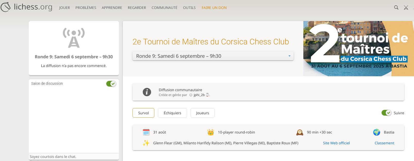 Bastia accueille le 2ᵉ Tournoi de Maîtres du Corsica Chess Club
